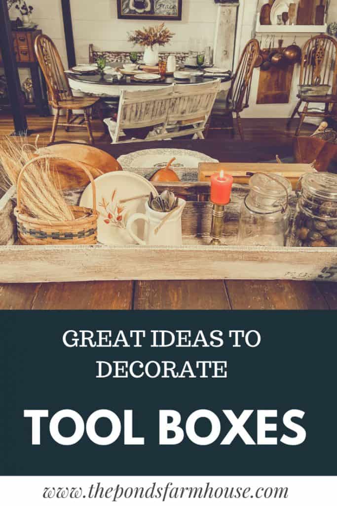 Tips to decorate a vintage tool Box using only thrift store finds.  Learn what to look for when shopping thrift stores and how to use them to create seasonal vignettes and tool box designs.  