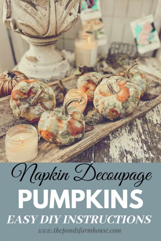 Decoupage napkin pumpkins in vintage wooden bowl.