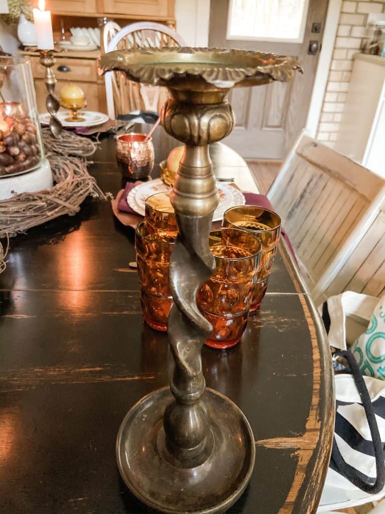 Thrift Store Candlesticks and amber water glasses