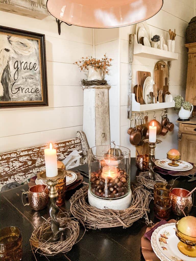 Fall Centerpiece Ideas with foraged grapevine and gathered acorns.  