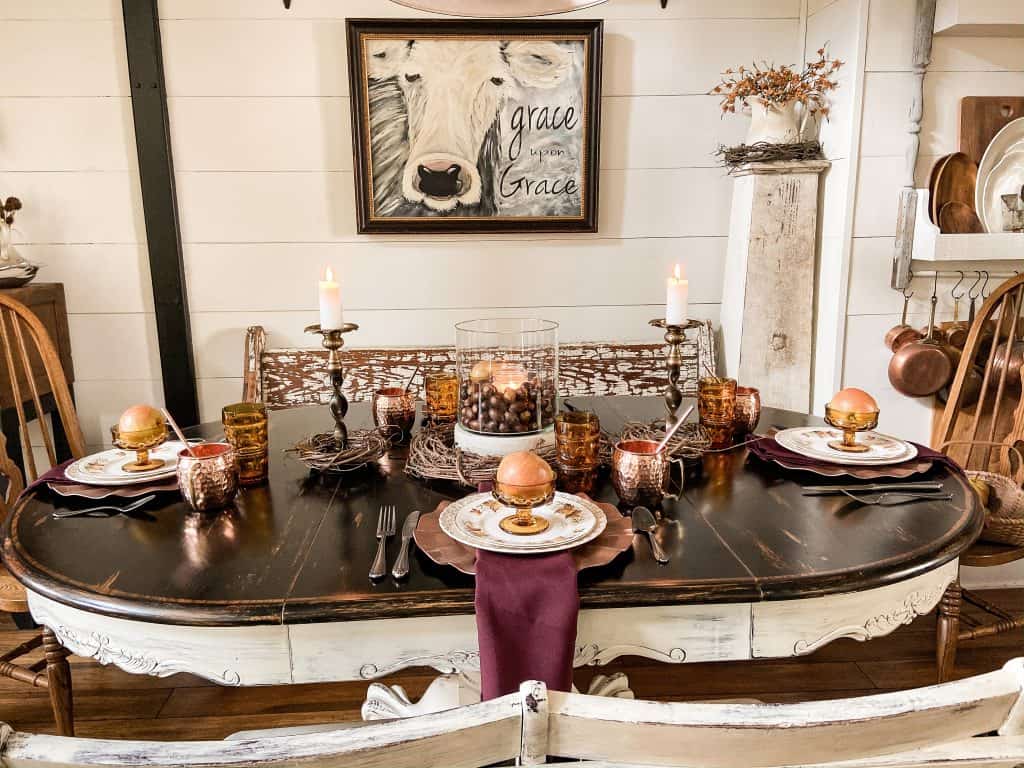 Budget-friendly thrift store ideas for Thanksgiving Table decorations for a rustic farmhouse style table setting.  