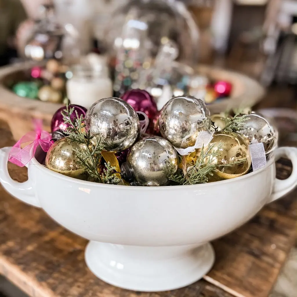 Bowl of vintage Christmas ornaments. for Holiday Decorating ideas.