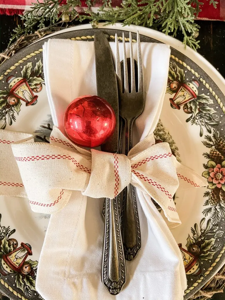 Use Vintage ornaments on Table settings for Christmas Gathering