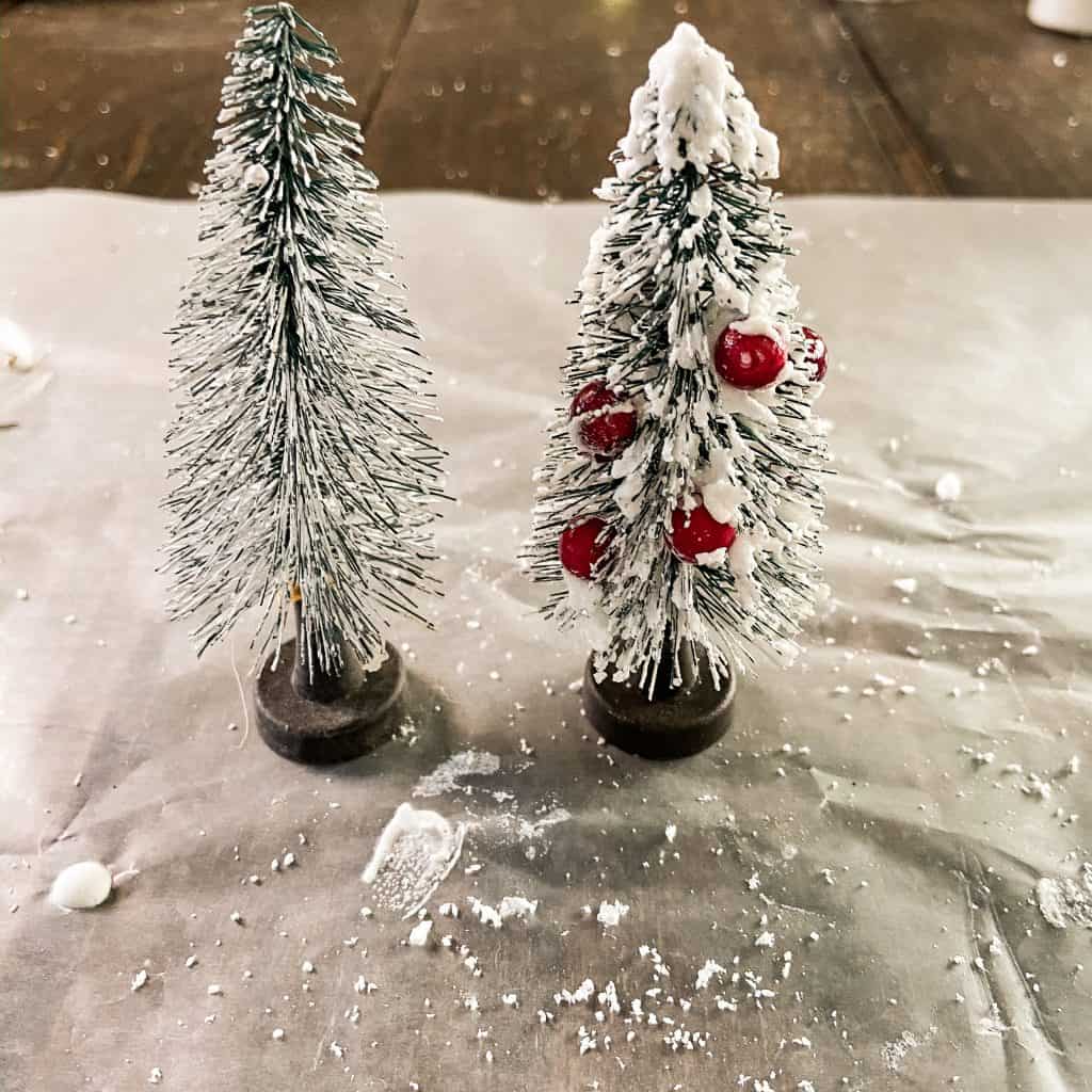 Easy to add flocking to existing Christmas trees and bottle brush tress. Simple Christmas Craft Supplies needed.