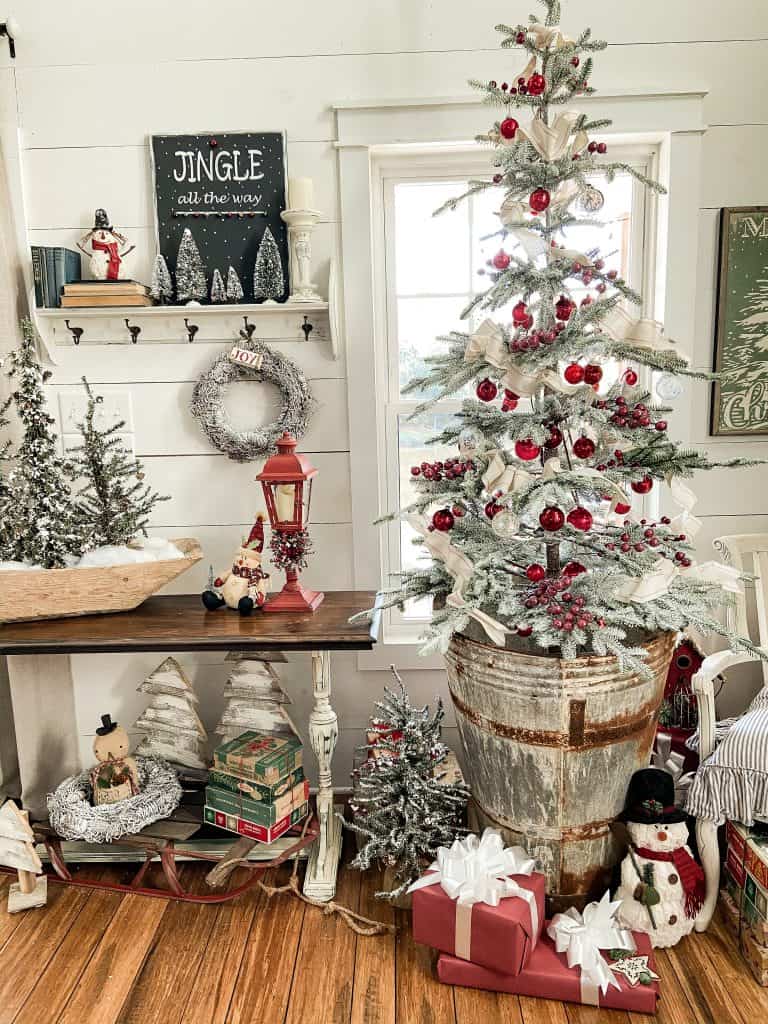 Red and White Christmas Tree Ideas with Vintage Grape Hod for tree stand