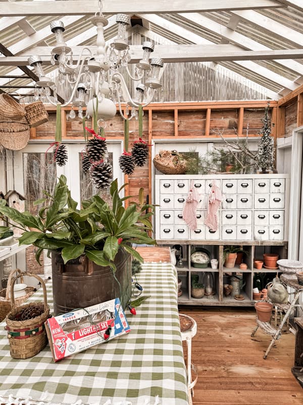 Greenhouse Decorating for Christmas with Vintage and repurposed decorations for a DIY She Shed and apothecary cabinet.