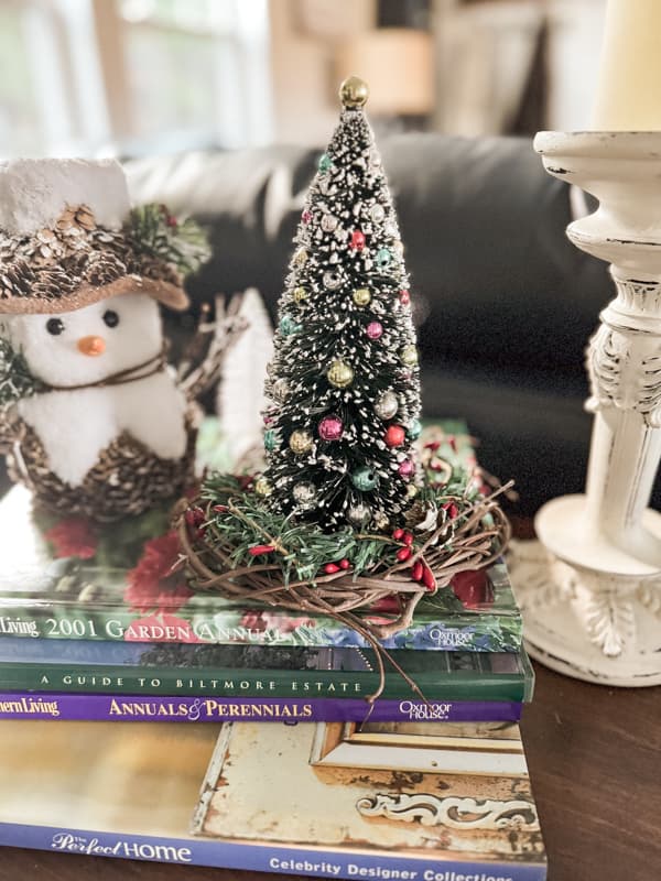 add DIY candle ring to a bottle brush tree for a Christmas vignette in the farmhouse.