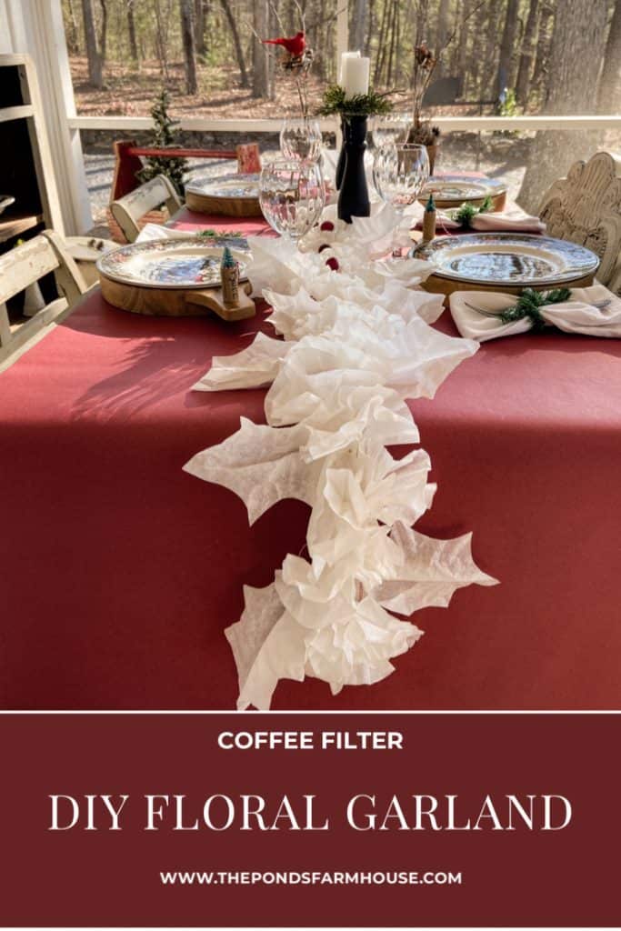 This is an easy and cheap way to make a DIY Floral Garland using Coffee Filters from the inspiration I saw in the Ballard Designs catalog. See step by step instructions to make a fun table runner or to be used elsewhere within the home.