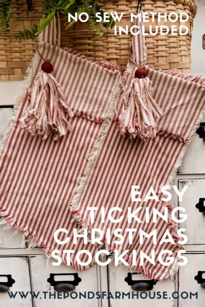 How to Make Distressed Ticking Christmas Stockings Tutorial with a no-sew method. 