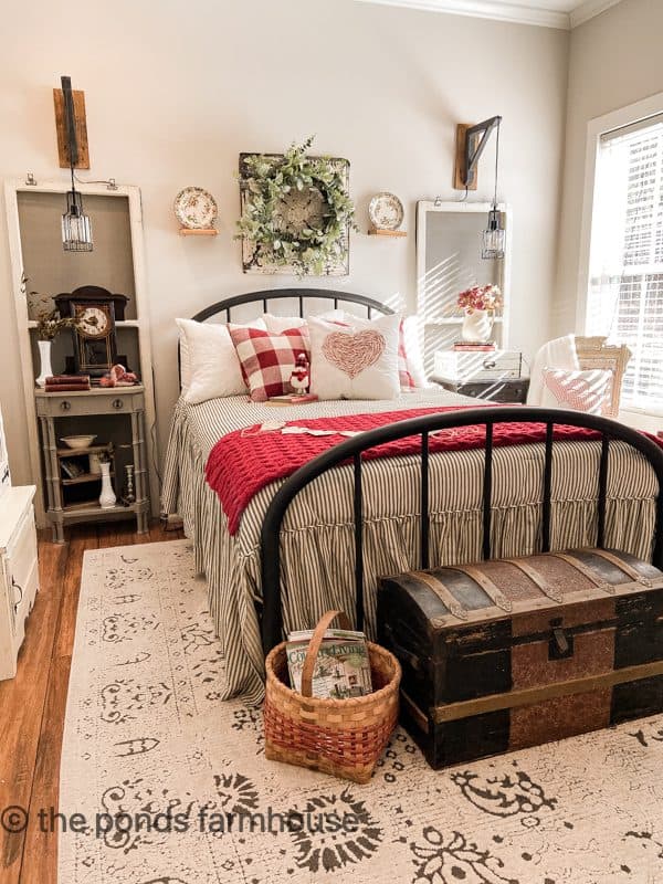 Valentine's Day tour of farmhouse style bedroom with ticking stripe bedding and red and white decor.