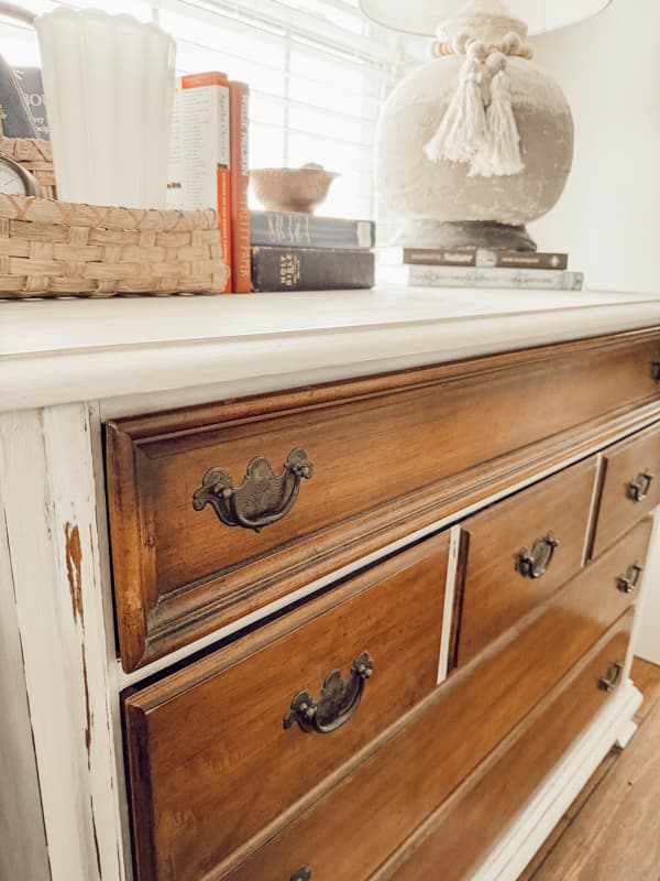 Distress Old White Chalk Paint on Flea Market Flip furniture transformation.  