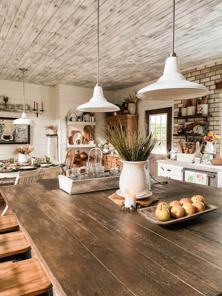 White Wash Wood Kitchen Ceiling idea and old barn wood technique on the kitchen island.