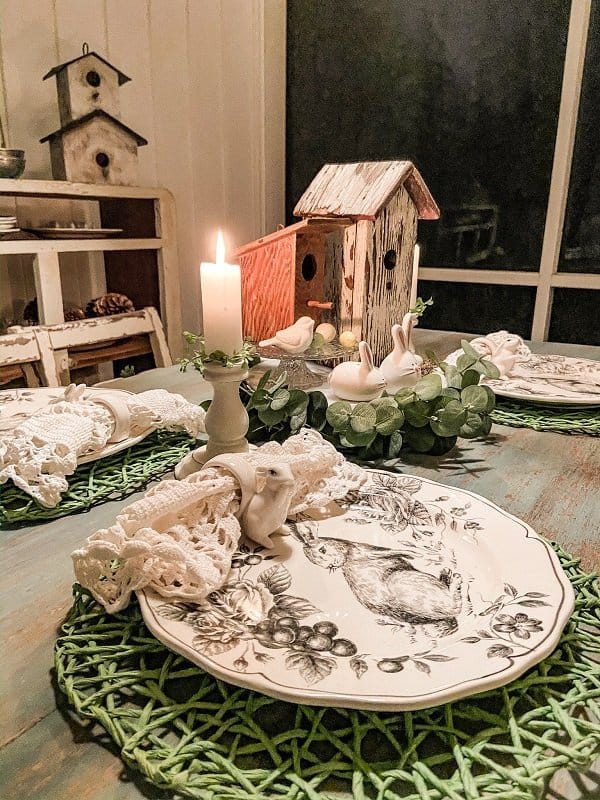 Crochet Dollies used as napkins on an Easter Table Setting with black and white rabbit dishes.