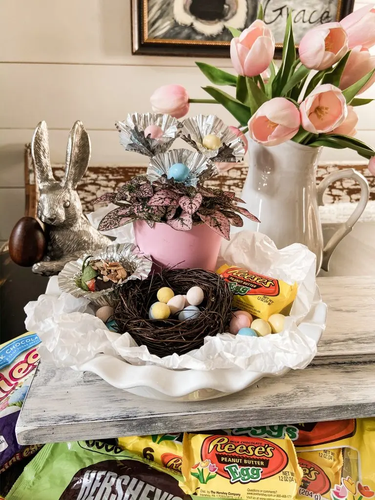 Easter tablescape using Cadbury and Reese’s, Hershey candies.