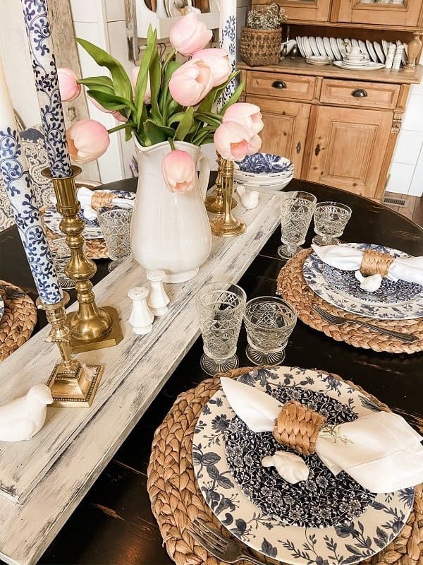 Blue and white Spring Dinner Table Setting.  