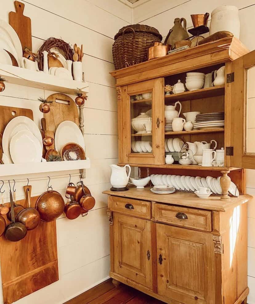 DIY Plate Rack and Antique Hutch filled with Vintage Collections for Easy Ways To Decorate a Plate Rack