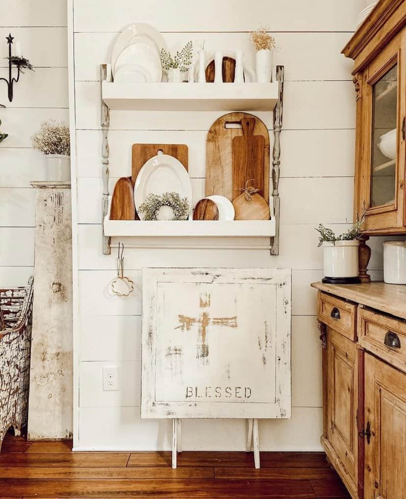 DIY Plate Rack for Country Chic Farmhouse Decorating Style with milk glass, ironstone and vintage cutting boards.