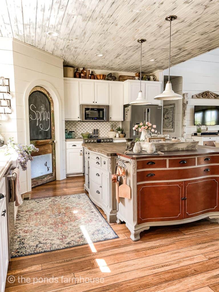 How to age Pine Wood for a reclaimed wood appearance.  Farmhouse Kitchen Ceiling Idea  