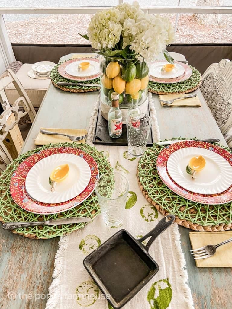 Cast iron and festive dishes for Cinco de Mayo table setting