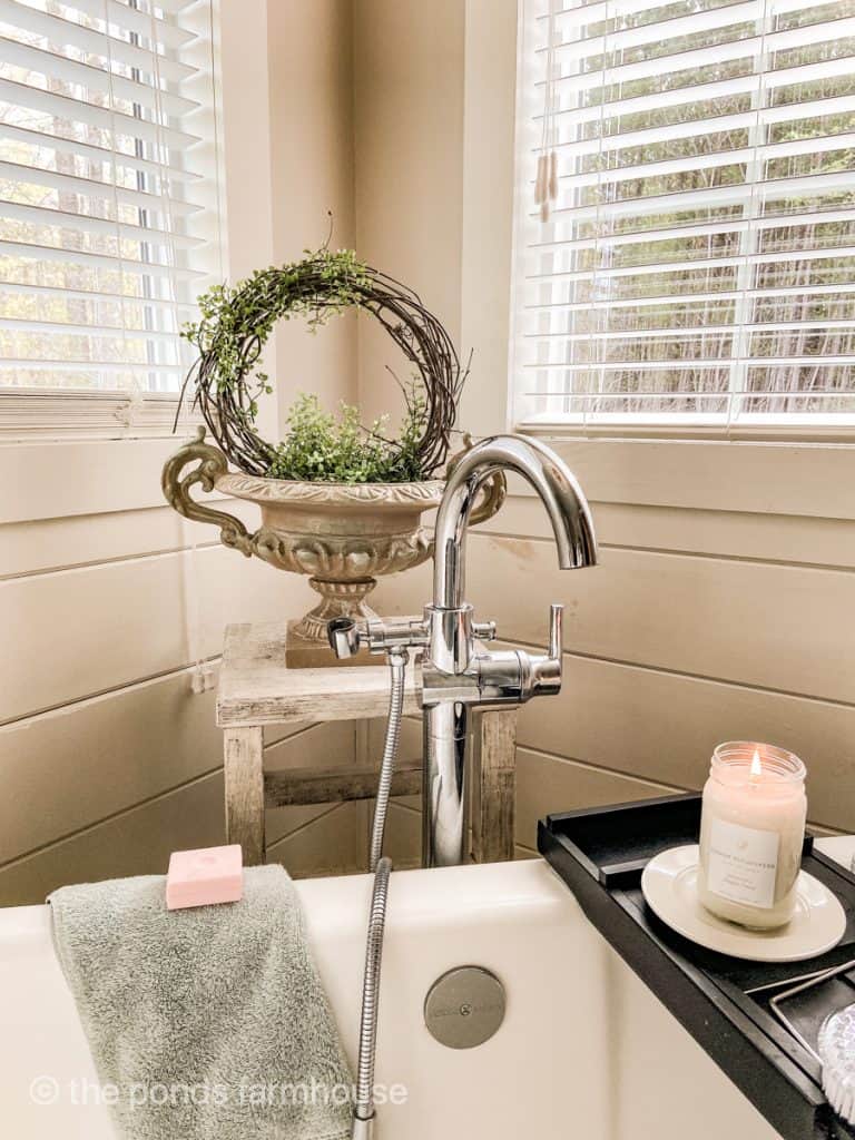 Farmhouse Style DIY Grapevine Topiary in Bathroom 