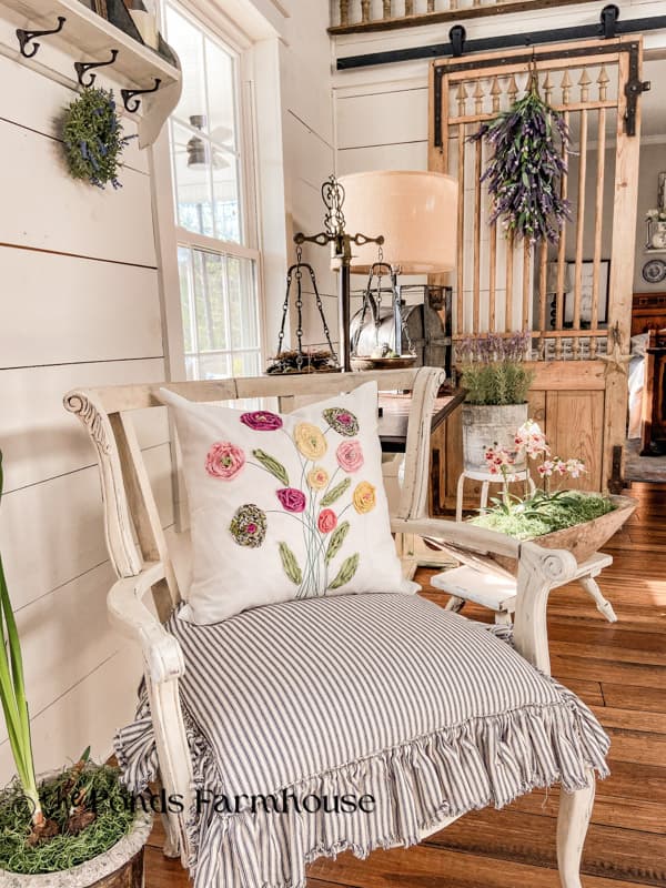 DIY Scrap Fabric Flower Pillow Cover with recycled fabric strips