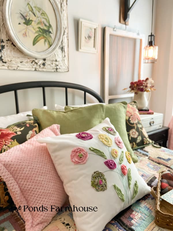 Recycled DIY Scrap Fabric Flower Pillow cover on bed