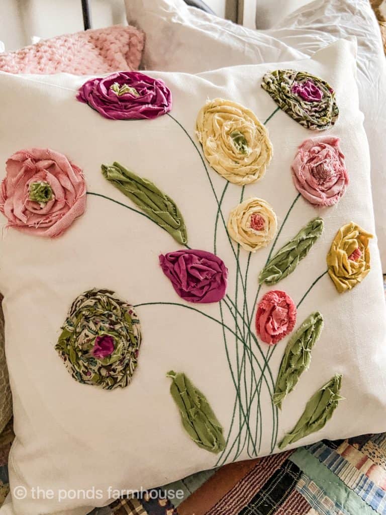 Scrap Fabric Flower Spring Pillow for Mother's Day, Easter or any occasion.  Farmhouse-style or cottage-style pillow.