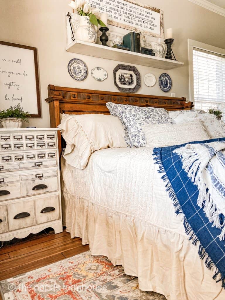 Amazing furniture transformation side table for Spring Bedroom Ideas with ruffle farmhouse bedding.