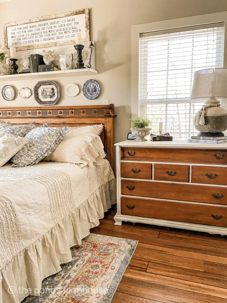 repurposed side table for farmhouse bedroom ideas.  