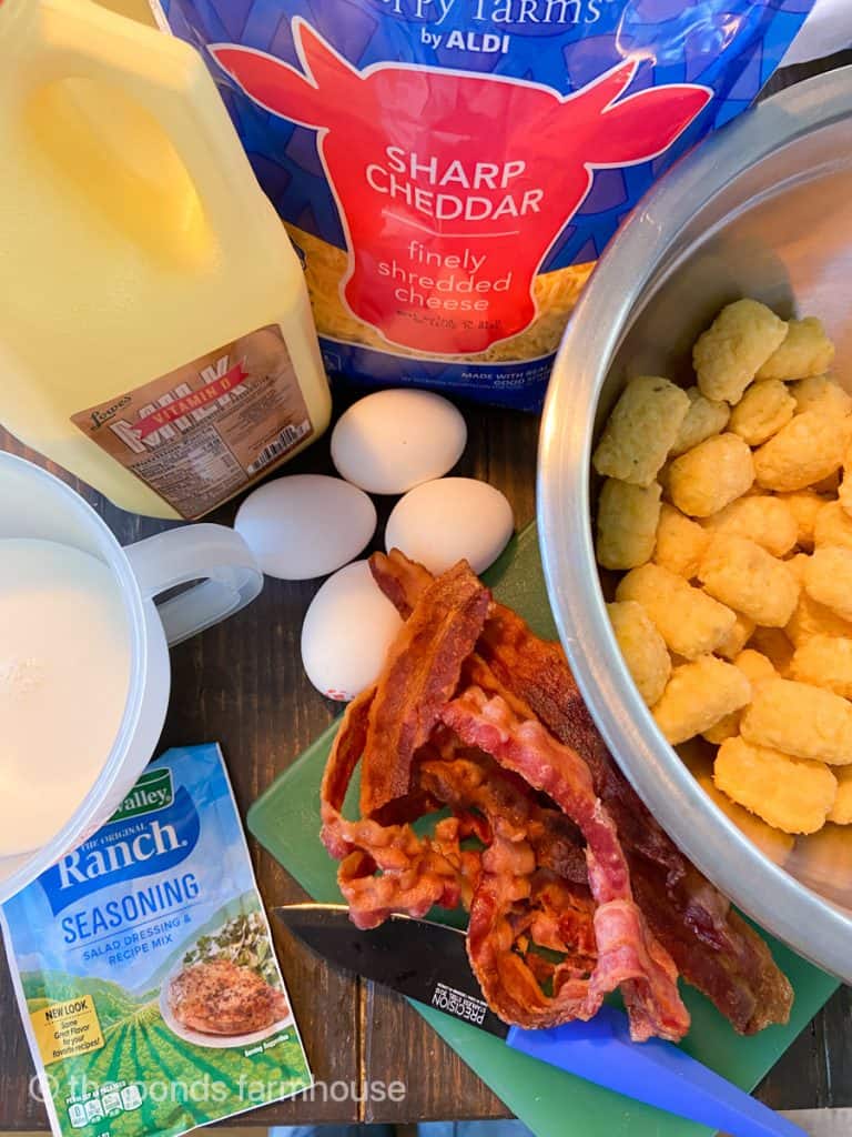 Ingredients for Irrestible Cheesy Bacoon Tater Tot Casserole Recipe with Ranch Dressing. 