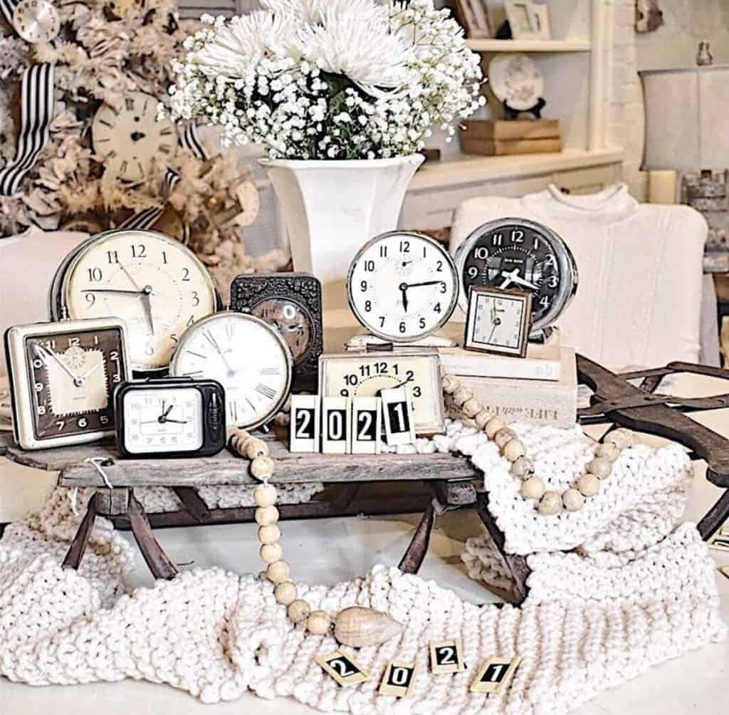 Vintage Treasure Clock collection for New Year's Eve party table display with thrift store finds.  