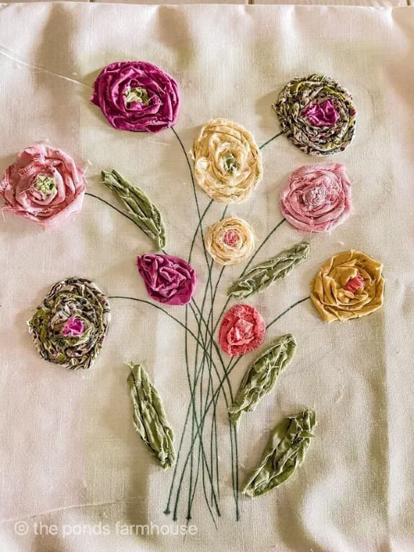 DIY flower pillow cover using recycled scrap fabric