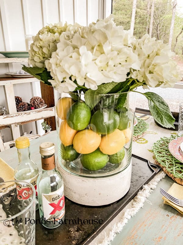 lemon lime and hydrangea centerpiece for cinco de mayo tablescape