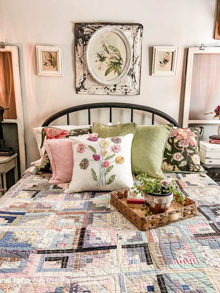 Vintage Bedroom Decor Idea using thrift store finds antiques, family heirlooms, and new decor for a curated style.