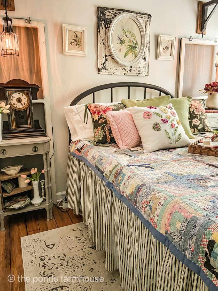 Vintage quilt and bedspread in vintage bedroom.  