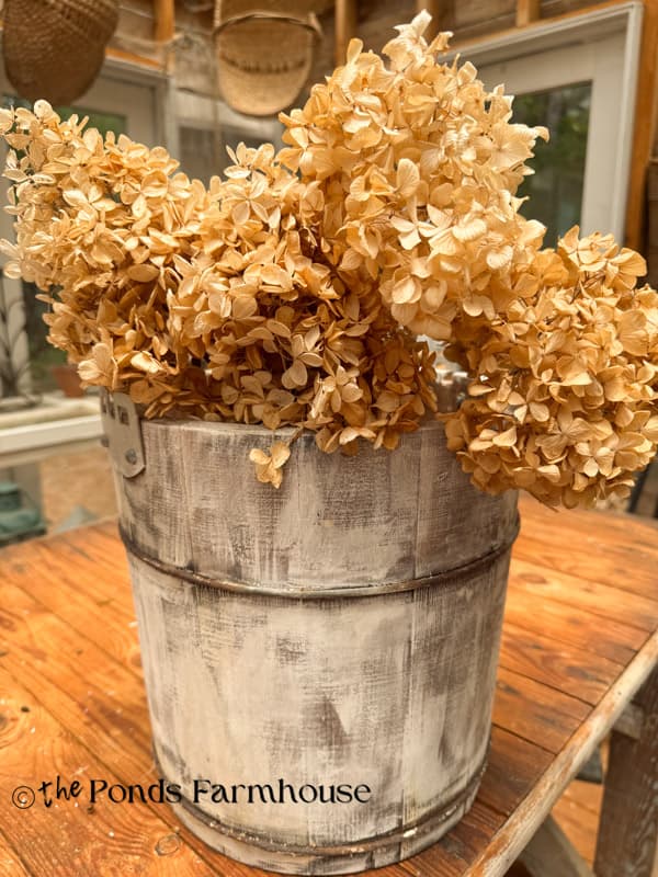 recycled ice cream churn with white wash paint filled with dried hydrangeas