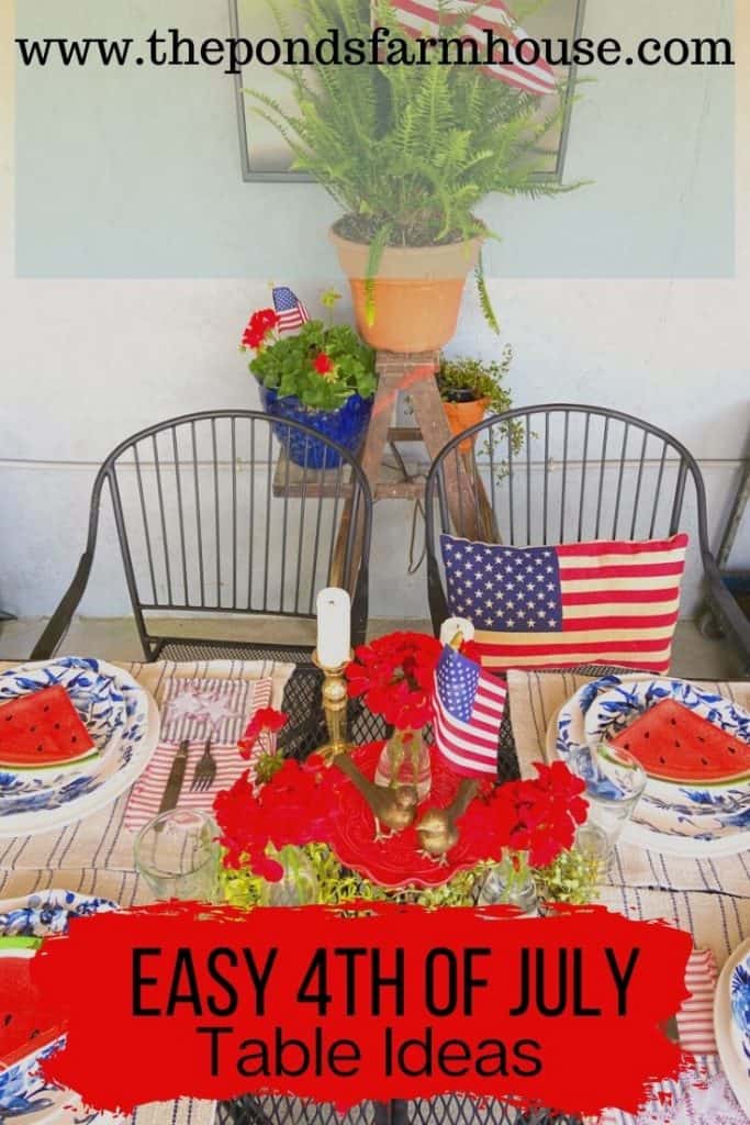 Easy Fourth of July Outdoor Table in the outdoor kitchen.  Keep the table simple & festive with lots of red, white & blue, DIY Napkins & Flags