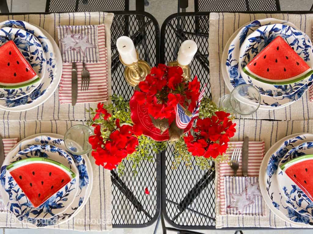 Patriotic Table Setting with geraniums and DIY scrap fabric ticking napkins with cutlery pockets 