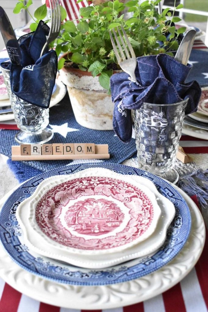 Michele red white and blue table setting.