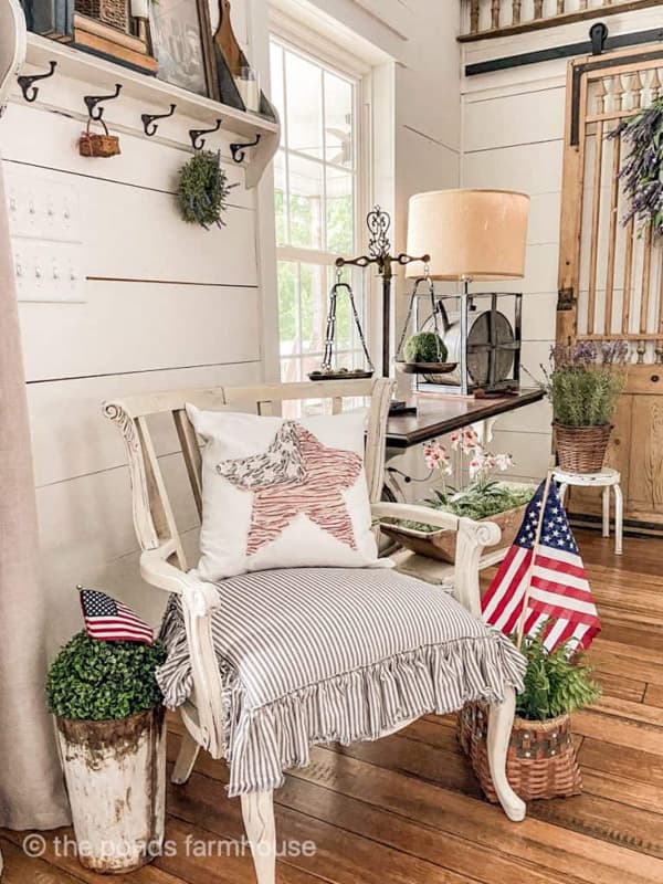 4th of July Star Scrap Fabric Pillow Cover With ticking fabric on deconstructed chair
