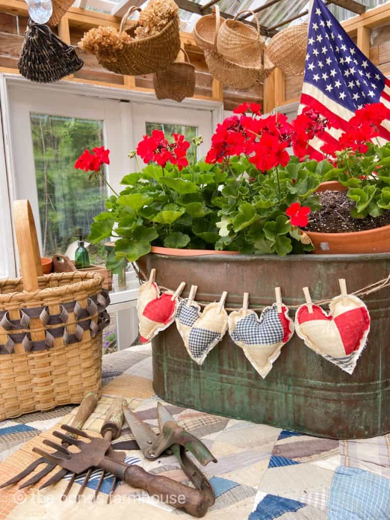 Red Geraniums in old boiler pot and hearts made from old quilts give greenhouse a patriotic ideas.   