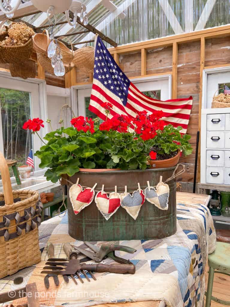 Thrift Store Finds - American Flag in Greenhouse -4th of July Decorating on a Budget