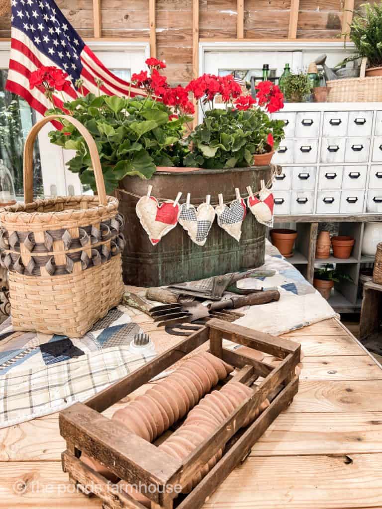Patriotic Ideas for She Shed greenhouse.  4th of July and other red white and blue decor.