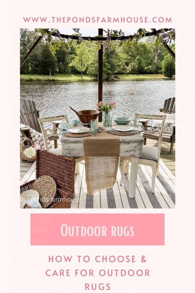 Outdoor Rug on Pierwith outdoor stripped rug and dining table with vintage dishes.