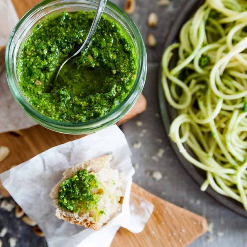 Mix Basil Pesto over noodles. 