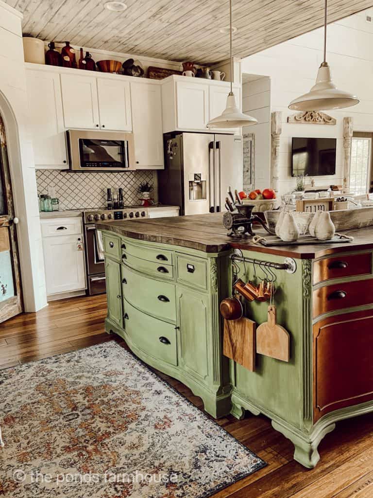 DIY Kitchen Island Furniture Makeover after new green paint.  