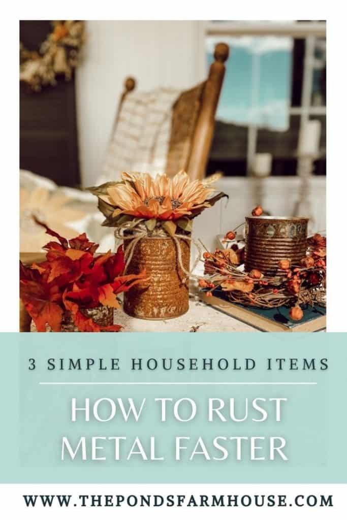 Rusted tin can quickly.  See step by step tutorial to rust metal quickly.  