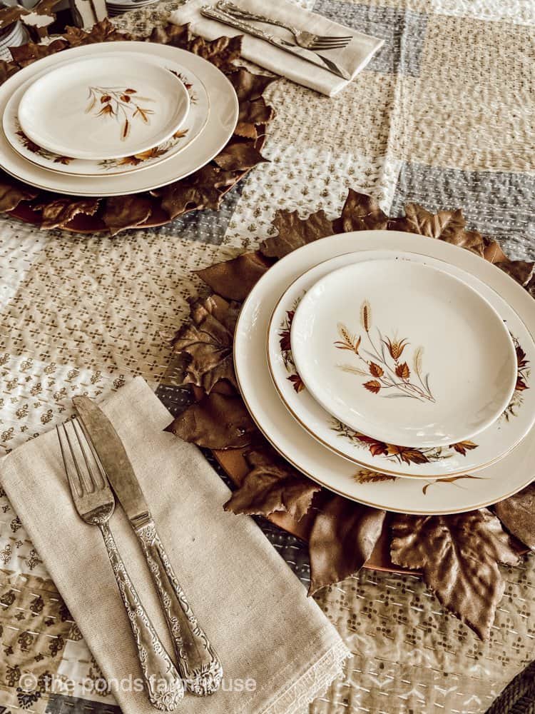 Fall Leaf DIY Plate Chargers with thrifted dishes and patchwork tablecloth.