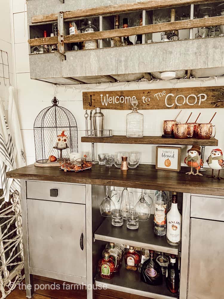 Industrial Farmhouse loft bar made from vintage hospital carts and old nesting box for Fall Decorations