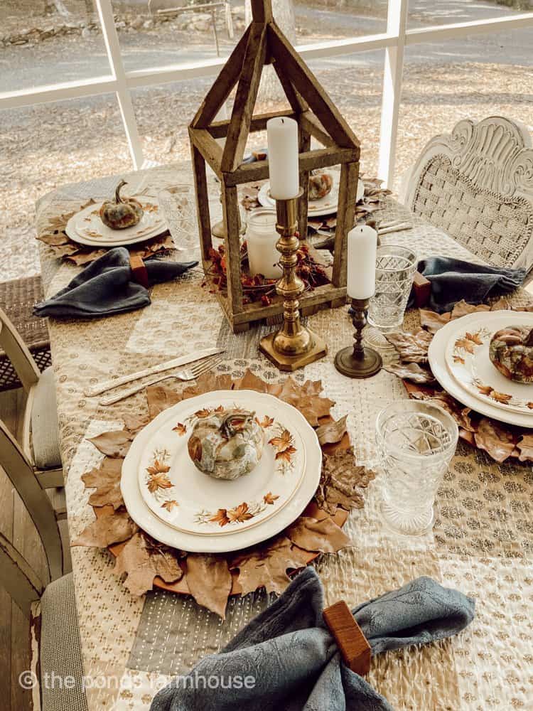 Fall Harvest Tablescape with DIY PUmpkins and Fall Plaster Leaves DIY charger plates.  